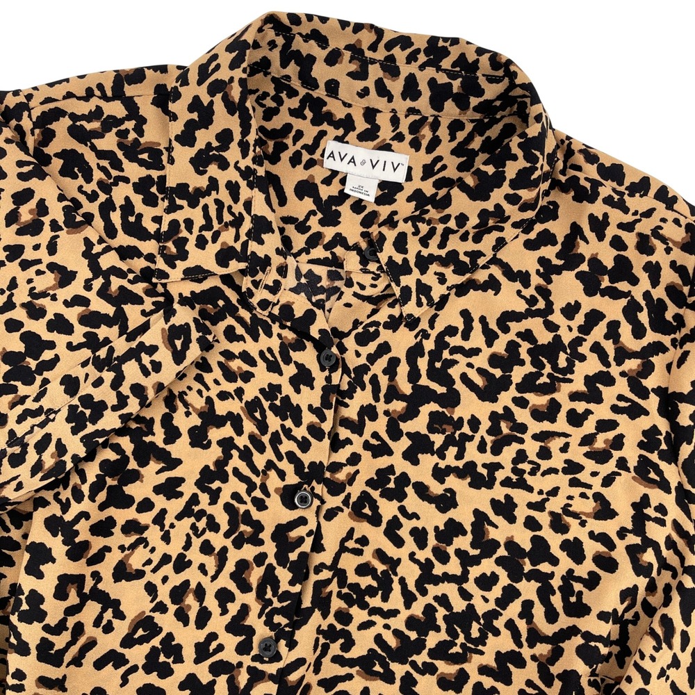 AVA&VIV Women's 2X Leopard Print Button Front Shirt Dress Tie Waist Short Sleeve